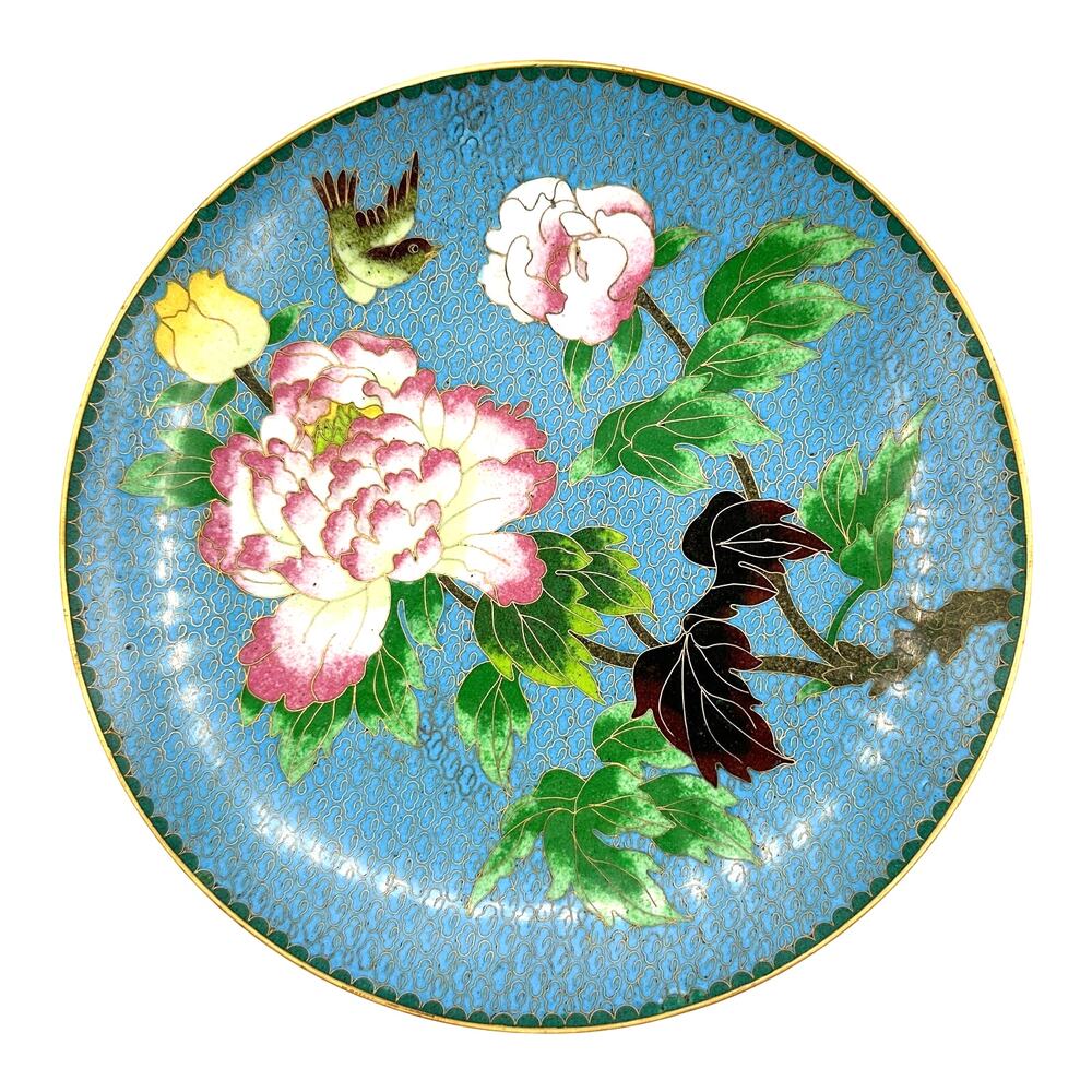 Vintage Cloisonné Footed Dish Peonies Bird Floral Enamel